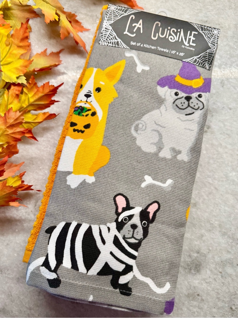 New Kassatex Halloween Pug, Corgi, Bulldog, Dog Kitchen Towels 4Pc Set 26 x 16”